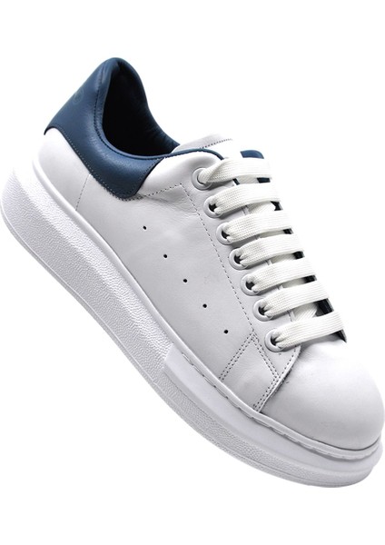 Hakiki Deri Erkek Sneaker Ayakkabı Beyaz Mavi 9838