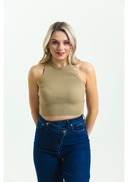 Kadın Fitilli Halter Yaka Crop / Bluz / Büstiyer