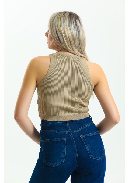 Kadın Fitilli Halter Yaka Crop / Bluz / Büstiyer