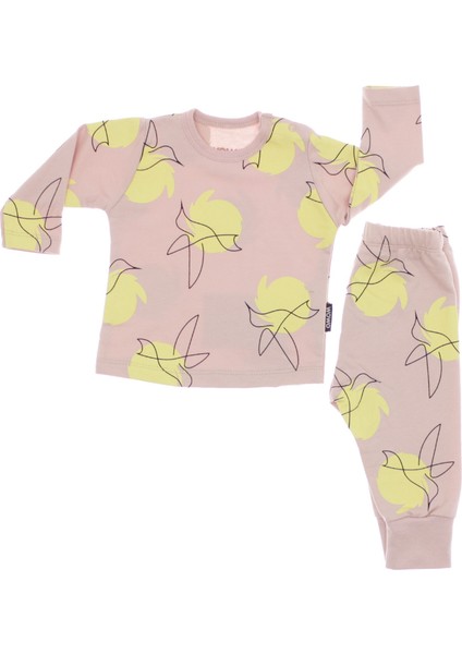 Kuş Desen Baskılı Pamuklu Pembe Çocuk Sweat Takım