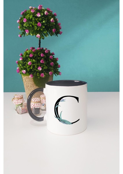 Çiçek Desenli C Harfli Siyah Kupa Bardak Kalemlik fiyatları