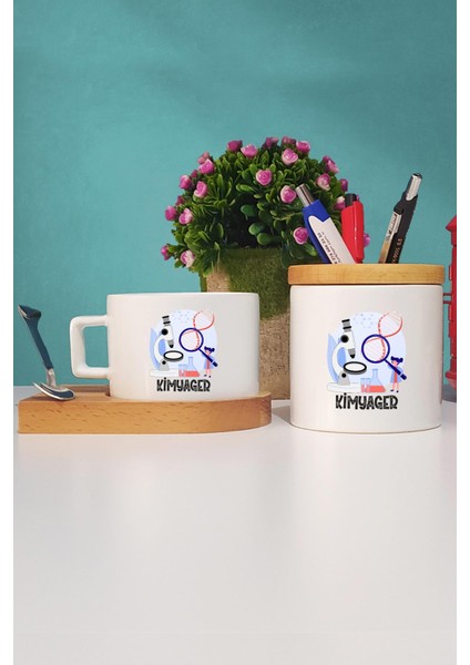 Kimyagere Hediye Kimyager Ahşap Altlıklı Fincan ve Kalemlik