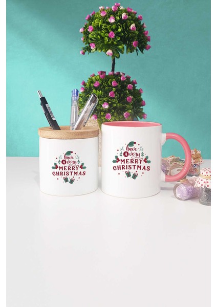 Merry Christmas Yılbaşı Hediyesi Pembe Kupa Bardak Kalemlik