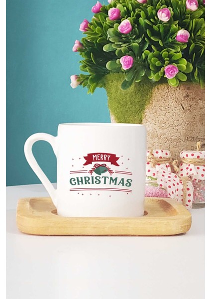 Merry Christmas Yılbaşı Hediyesi Türk Kahvesi Fincanı Ahşap Altlıklı ve Kalemlik