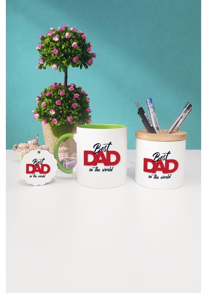 Best Dad In The World Babaya Hediye Yeşil Kupa Bardak Kalemlik Anahtarlık