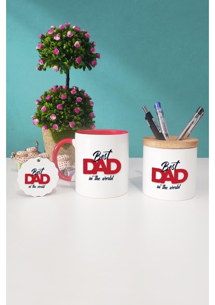 Best Dad In The World Babaya Hediye Kırmızı Kupa Bardak Kalemlik Anahtarlık