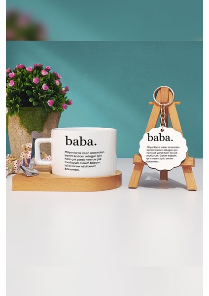 Baba Babalar Günü Hediyesi Ahşap Altlıklı Fincan ve Anahtarlık