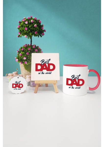 Best Dad In The World Babaya Hediye Kırmızı Kupa Bardak Dekoratif Taş Anahtarlık