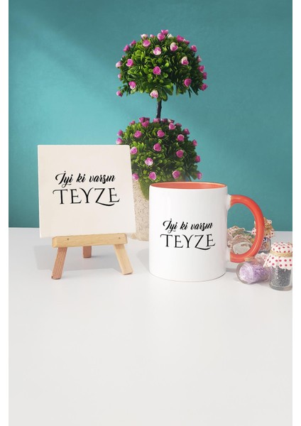 Iyi Ki Varsın Teyze Teyzeye Hediye Turuncu Kupa Bardak Dekoratif Taş