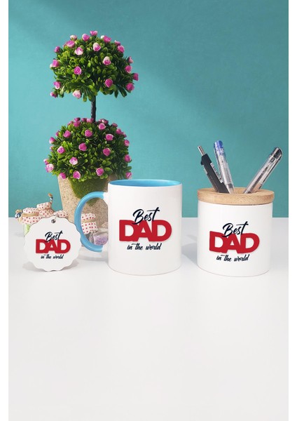 Best Dad In The World Babaya Hediye Mavi Kupa Bardak Kalemlik Anahtarlık