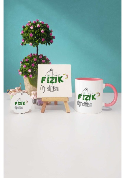 Fizik Öğretmeni Pembe Kupa Bardak Dekoratif Taş Anahtarlık