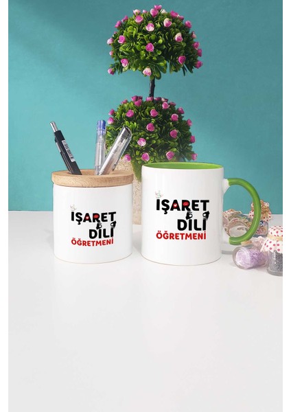 Işaret Dili Öğretmeni Hediye Yeşil Kupa Bardak Kalemlik