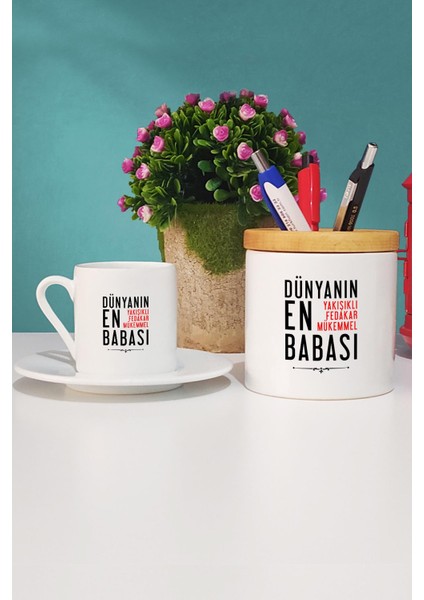 Babalar Günü Hediyesi Türk Kahvesi Fincanı Beyaz ve Kalemlik