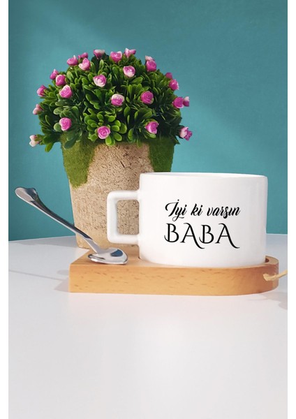 Iyi Ki Varsın Baba Babaya Hediye Ahşap Altlıklı Fincan ve Kalemlik