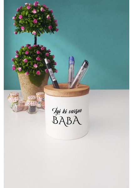 Iyi Ki Varsın Baba Babaya Hediye Ahşap Altlıklı Fincan ve Kalemlik