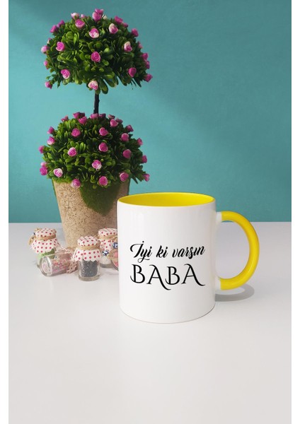 Iyi Ki Varsın Baba Babaya Hediye Sarı Kupa Bardak Dekoratif Taş