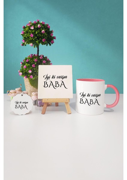 Iyi Ki Varsın Baba Babaya Hediye Pembe Kupa Bardak Dekoratif Taş Anahtarlık