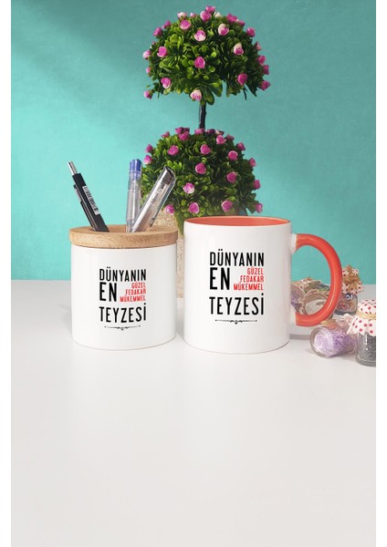 Teyzeye Hediye Turuncu Kupa Bardak Kalemlik