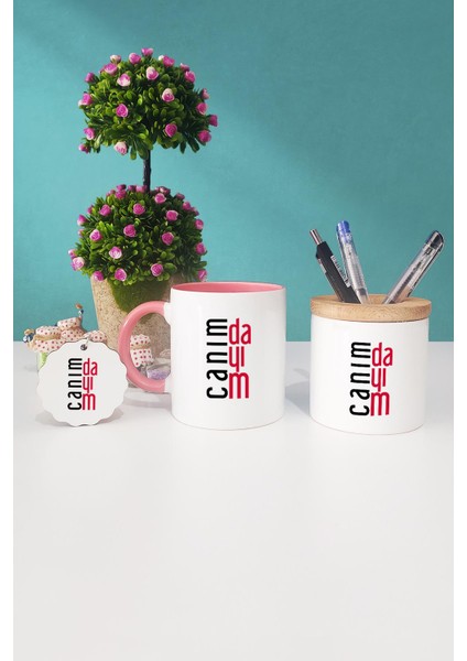 Dayıya Hediye Canım Dayım Pembe Kupa Bardak Kalemlik Anahtarlık