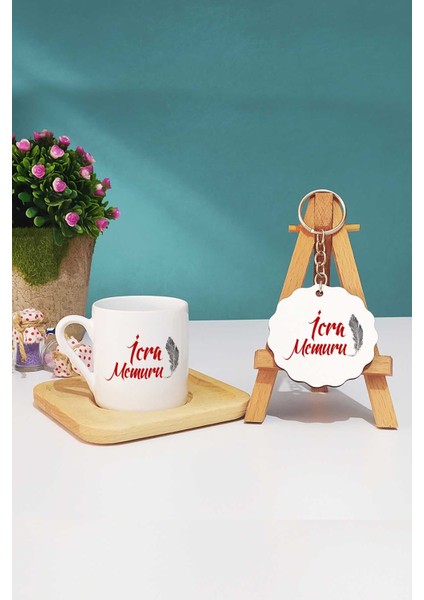 Icra Memuru Hediye Türk Kahvesi Fincanı Ahşap Altlıklı ve Anahtarlık