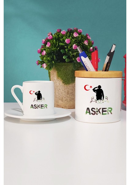Asker Türk Kahvesi Fincanı Beyaz ve Kalemlik