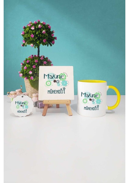 Makine Mühendisi Hediye Sarı Kupa Bardak Dekoratif Taş Anahtarlık