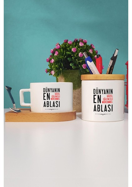 Ablaya Hediye Ahşap Altlıklı Fincan ve Kalemlik