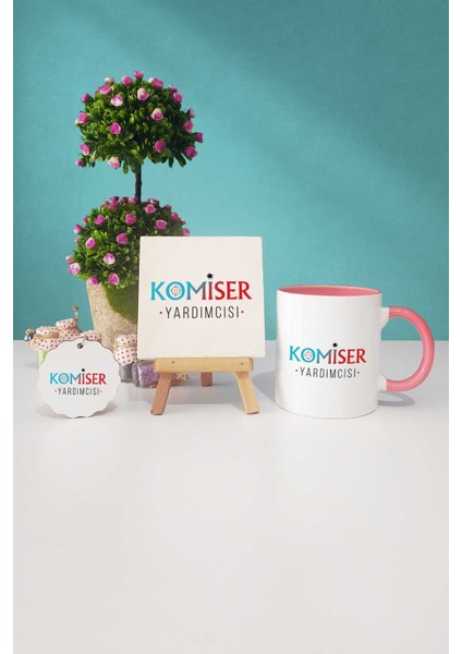 Komiser Yardımcısı Hediye Pembe Kupa Bardak Dekoratif Taş Anahtarlık