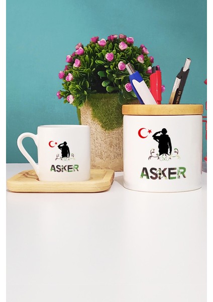 Asker Türk Kahvesi Fincanı Ahşap Altlıklı ve Kalemlik
