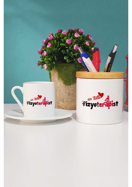 En Tatlı Fizyoterapist Türk Kahvesi Fincanı Beyaz ve Kalemlik