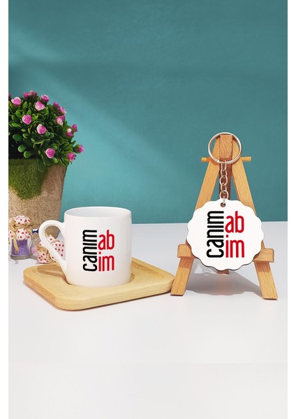 Abiye Hediye Canım Abim Türk Kahvesi Fincanı Ahşap Altlıklı ve Anahtarlık