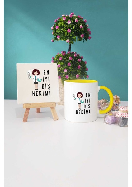 En Iyi Diş Hekimi Hediye Sarı Kupa Bardak Dekoratif Taş