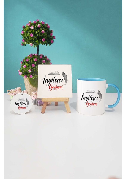 Ingilizce Öğretmeni Hediye Mavi Kupa Bardak Dekoratif Taş Anahtarlık