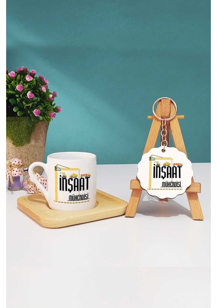 Inşaat Mühendisi Hediye Türk Kahvesi Fincanı Ahşap Altlıklı ve Anahtarlık
