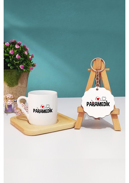 Paramedik Hediye Türk Kahvesi Fincanı Ahşap Altlıklı ve Anahtarlık