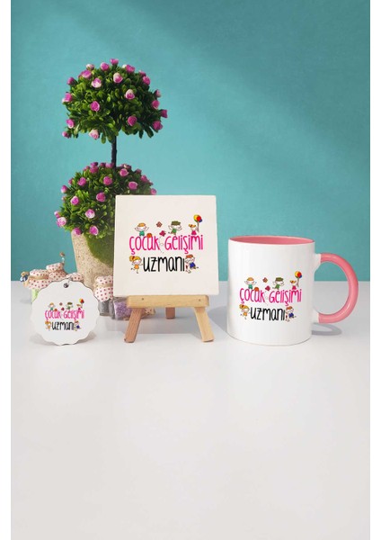 Çocuk Gelişimi Uzmanı Hediye Pembe Kupa Bardak Dekoratif Taş Anahtarlık