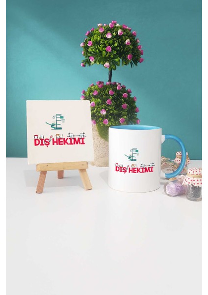 Diş Hekimi Hediye Mavi Kupa Bardak Dekoratif Taş