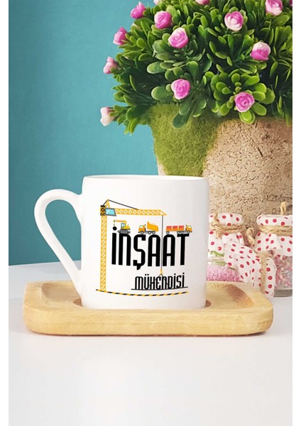 Inşaat Mühendisi Hediye Türk Kahvesi Fincanı Ahşap Altlıklı ve Kalemlik