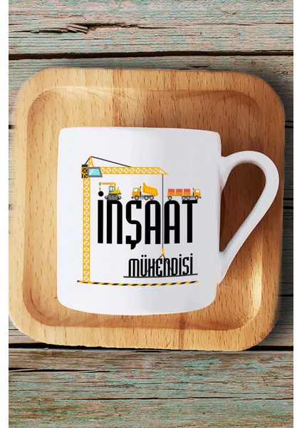 Inşaat Mühendisi Hediye Türk Kahvesi Fincanı Ahşap Altlıklı ve Kalemlik