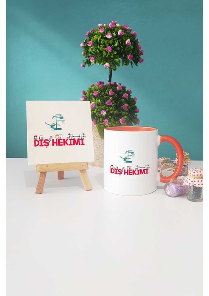 Diş Hekimi Hediye Turuncu Kupa Bardak Dekoratif Taş