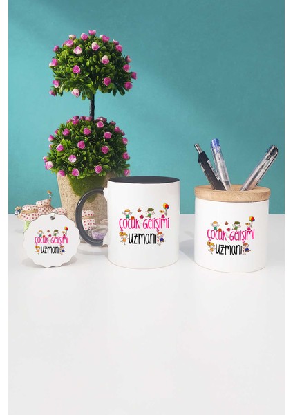 Çocuk Gelişimi Uzmanı Hediye Siyah Kupa Bardak Kalemlik Anahtarlık