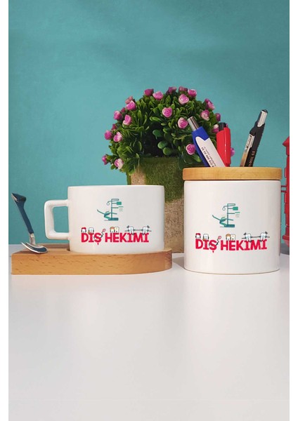 Diş Hekimi Hediye Ahşap Altlıklı Fincan ve Kalemlik