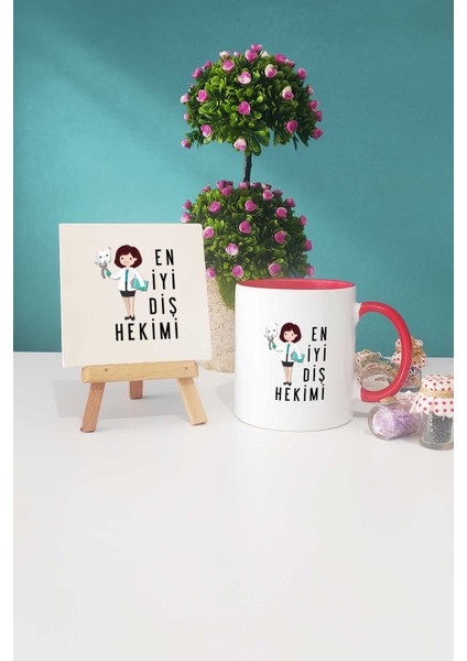 En Iyi Diş Hekimi Hediye Kırmızı Kupa Bardak Dekoratif Taş
