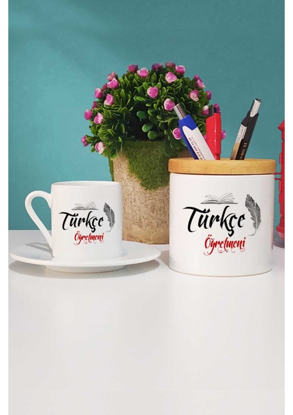 Türkçe Öğretmeni Hediye Türk Kahvesi Fincanı Beyaz ve Kalemlik