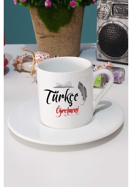 Türkçe Öğretmeni Hediye Türk Kahvesi Fincanı Beyaz ve Kalemlik