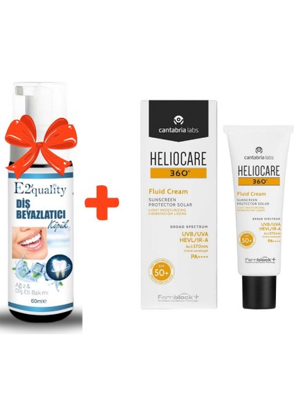 E2'Quality Heliocare 360 Fluid Cream Spf 50 50 ml Güneş Kremi+E2'quality Diş Beyazlatıcı Köpük