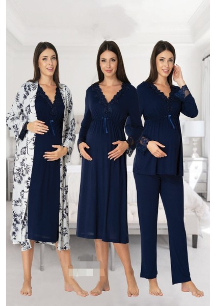 Effort Kadın Lacivert Uzun Kollu Pijama Takımı Gecelik Sabahlık Lohusa Hamile 4'lü Set 8096