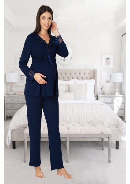 Effort Kadın Lacivert Uzun Kollu Pijama Takımı Gecelik Sabahlık Lohusa Hamile 4'lü Set 8096 fiyatları