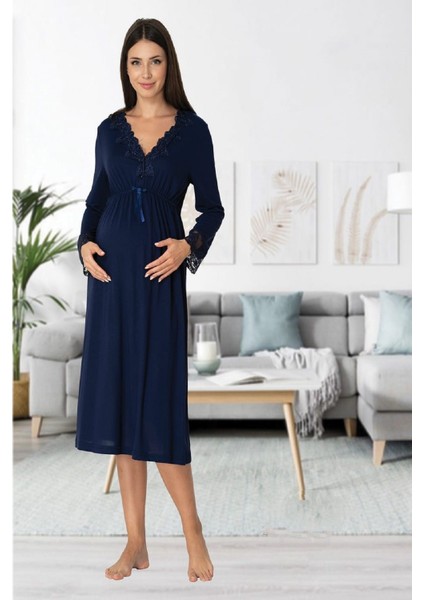 Effort Kadın Lacivert Uzun Kollu Pijama Takımı Gecelik Sabahlık Lohusa Hamile 4'lü Set 8096 modelleri