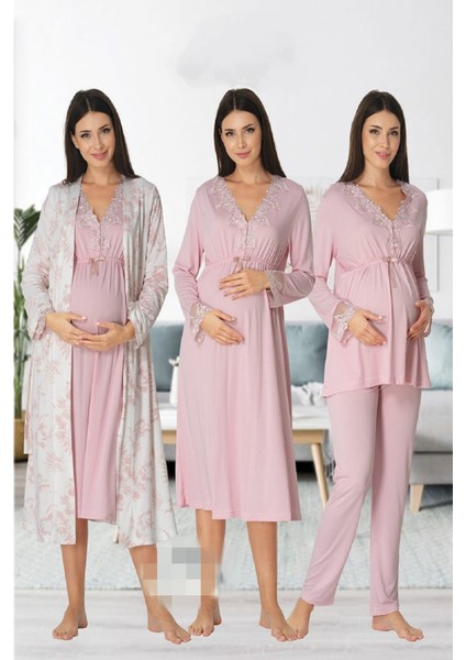 Effort Kadın Pembe Uzun Kollu Pijama Takımı Gecelik Sabahlık Lohusa Hamile 4'lü Set 8096